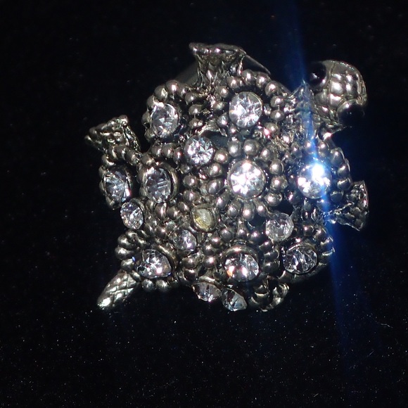 Vintage Ring Crystal Turtle Silver Adjustable Band Size 7 A Statement Piece Rare - Picture 10 of 12